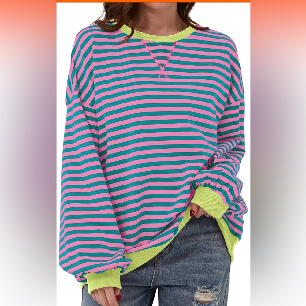 Oversized Striped Long Sleeve Crew Neck Sweatshirt Pullover